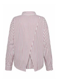 Striped long-sleeve shirt in white and red with a back split design, featuring a collar and buttoned cuffs. Soft cotton fabric texture.