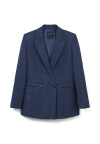 Blazer doppiopetto blu navy con motivo a quadri, rever a punte, due tasche frontali e dettagli con bottoni. Tessuto morbido.