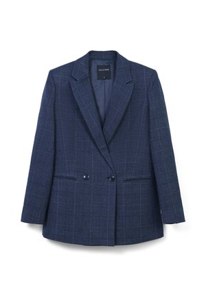 Blazer croisé bleu marine à motif à carreaux, avec revers crantés, deux poches avant et des détails de boutons. Texture de tissu douce.