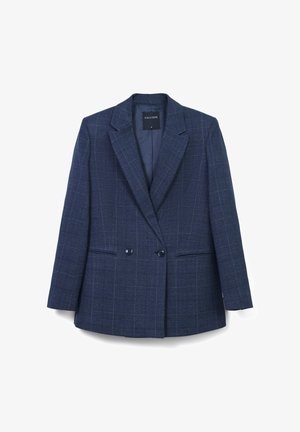 Marineblaues doppelt-knopfbares Blazer mit Karomuster, Reverskragen, zwei vorderen Taschen und Knopfdetails. Weiche Stofftextur.
