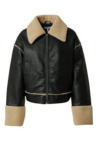 Schwarze, taillierte Lederjacke mit einem beigen, synthetischen Schaffellkragen und -manschetten. Verfügt über einen Frontreißverschluss und zwei seitliche Taschen.