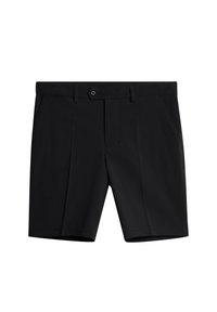 Czarne szorty wykonane z lekkiego materiału, z płaskim przodem, dwoma bocznymi kieszeniami, zapięciem na guzik i gładką fakturą.
