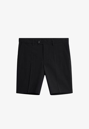 Shorts noirs en matériau léger, avec une coupe plate, deux poches latérales, une fermeture à bouton et une texture lisse.