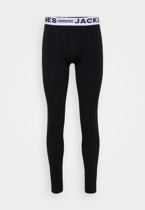 Black leggings made of a soft, stretchable fabric. Features a white waistband with "JACK & JONES" printed in black text.