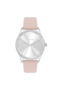 Silberne Armbanduhr mit rundem Ziffernblatt, pinkem Silikonarmband und Kristallakzenten um die Lünette. Minimalistische Stundenmarkierungen auf dem Ziffernblatt.