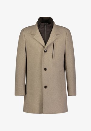 Beiger Wollmantel mit strukturiertem Design, brauner Innenfutter, fünf Knöpfen vorne und einer Seitentasche.