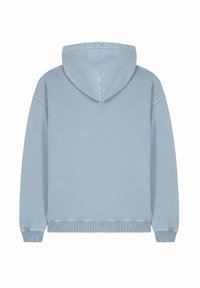 Felpa light blue con cappuccio regolabile, polsini e orlo a coste, e un tessuto liscio e strutturato. Vista posteriore senza loghi o motivi.