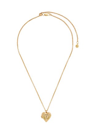 Kuldne kaelakee südamekujuline medaljoniga, millel on graveering "Ära unusta mind" ja lillemustrid valgel taustal.