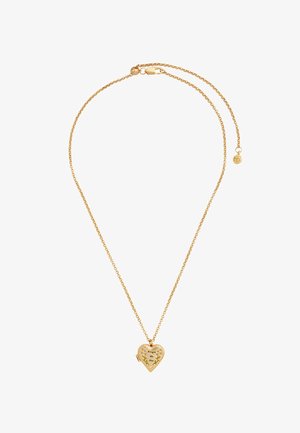 Kuldne kaelakee südamekujuline medaljoniga, millel on graveering "Ära unusta mind" ja lillemustrid valgel taustal.