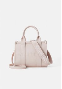 Valentino handbag in soft pink leather, structured design, dual handles, detachable strap with logo, zip closure, and textured surface.