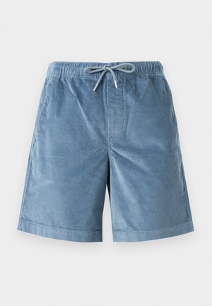 Blue corduroy shorts with elastic waistband and front drawstring, knee-length fit, and subtle vertical ridged texture.