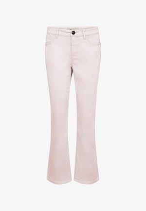 Light pink women's flare pants with front button, belt loops, and front pockets, shown against a white background.