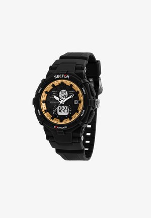 Orologio digitale nero con dettagli dorati, cinturino in gomma, diverse funzioni di visualizzazione tra cui ora, data e allarmi. Design impermeabile.
