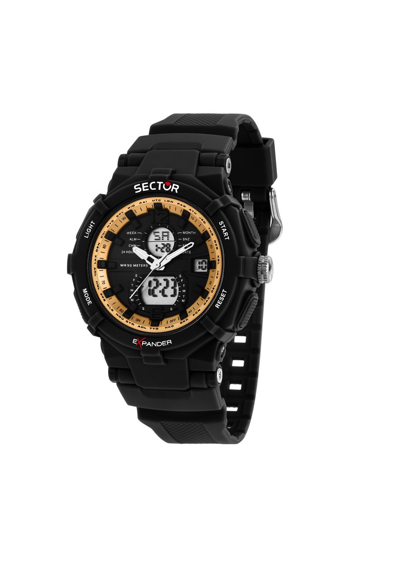 Orologio digitale nero con dettagli dorati, cinturino in gomma, diverse funzioni di visualizzazione tra cui ora, data e allarmi. Design impermeabile.