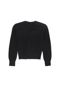 Schwarzer Pullover mit langen Ärmeln, rundem Halsausschnitt und verkürztem Schnitt. Die Textur wirkt weich und flauschig, ohne ausgeprägte Muster oder Hardware.