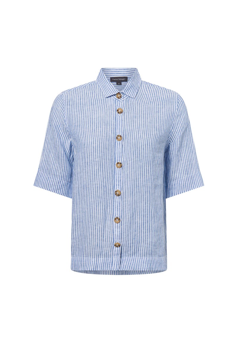 Short-sleeved button-up shirt in light blue and white vertical stripes, featuring five round brown buttons and a collar. Textured fabric.