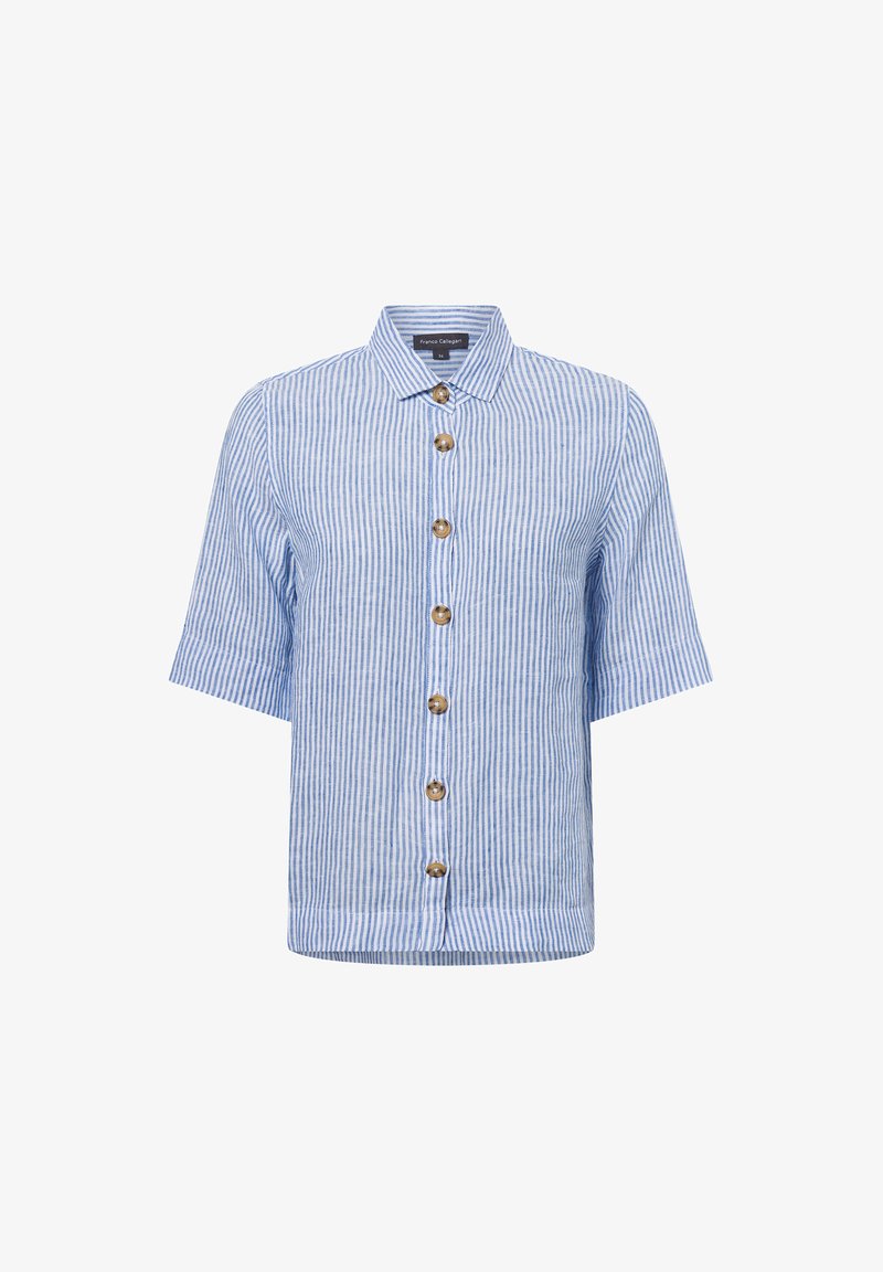 Short-sleeved button-up shirt in light blue and white vertical stripes, featuring five round brown buttons and a collar. Textured fabric.