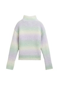 Sweter w paski w pastelowych kolorach z wysokim kołnierzem, wykonany z teksturowanej dzianiny w kolorach lawendy, miętowym i delikatnej kremowej. Krótka, krótko krojona długość oraz długie rękawy.