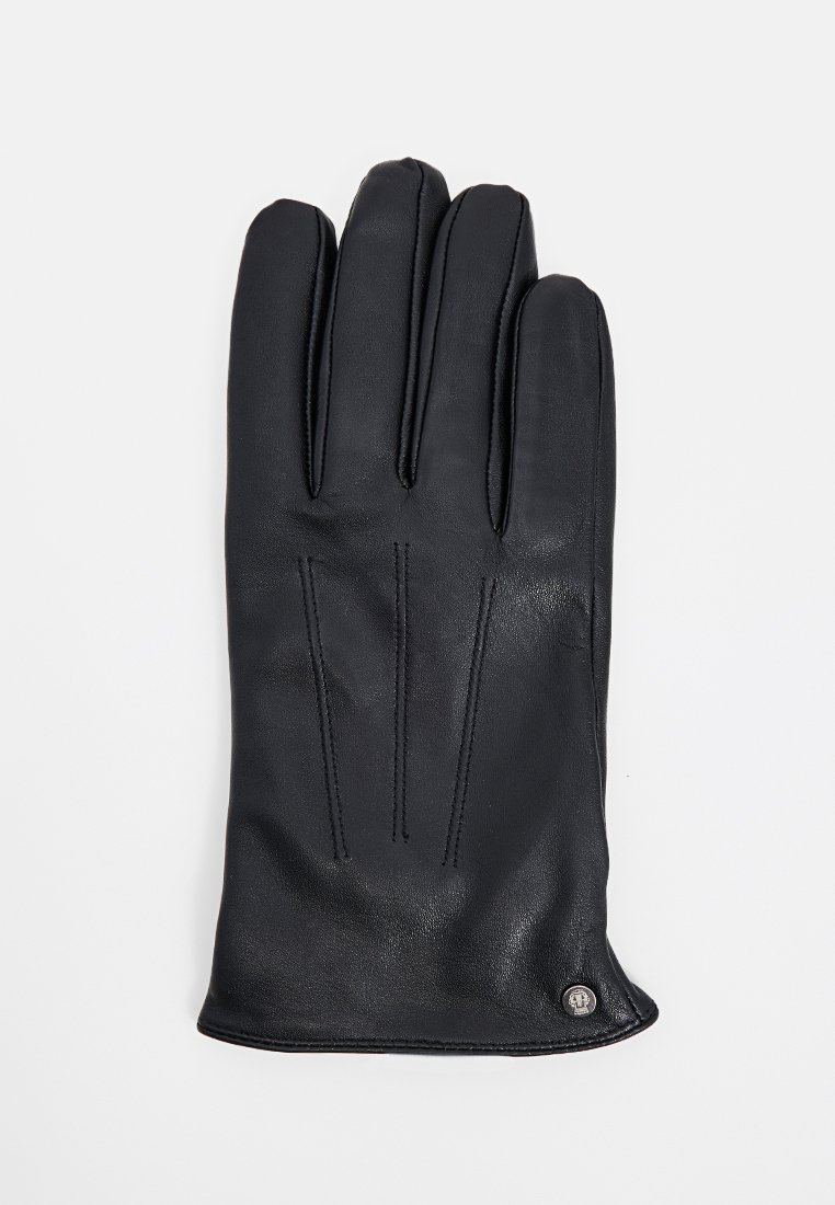 Schwarze Lederhandschuh mit glatter Oberfläche, fünf Fingern, dekorativen Stepp-Nähten und einem kleinen metallischen Akzent am Handgelenk.