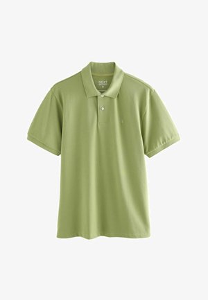 Světlé zelené polo tričko z měkké látky, s límečkem na knoflíky, krátkými rukávy a malým logem na hrudi.