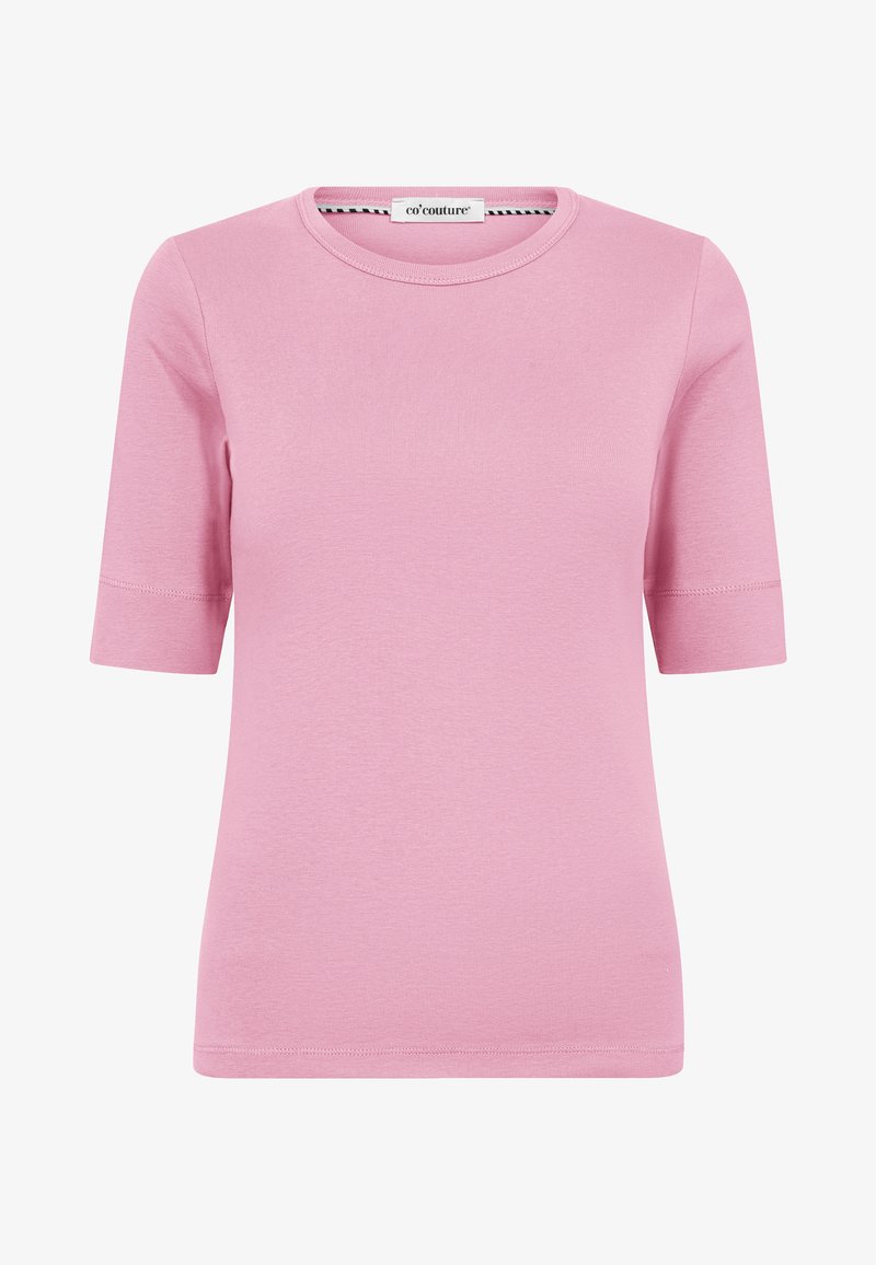 T-shirt rosa a maniche corte in cotone con colletto rotondo, texture liscia e bordi cuciti, con un'etichetta logo sul colletto.