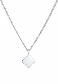 Silver necklace featuring a four-leaf clover pendant, smooth surface, and a twisted chain design. Simple, clean lines and polished finish.