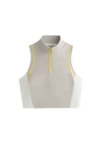 Brezrokaven crop top v svetlo sivi in beli barvi z rumenimi poudarki. Ima visok ovratnik in sprednji zadrgo. Gladek, raztegljiv material.