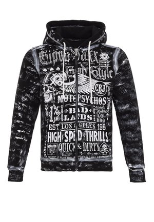 Schwarzer Hoodie mit weißem Grafikdruck, der Schädel und Text zeigt. Mit Reißverschluss vorne, Kapuze mit Kordelzug und einer strukturierten Oberfläche.