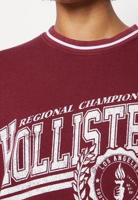 Primer plano de una persona con sudadera granate con cuello a rayas blancas y texto y emblema que dicen "Volister Regional Champions Los Angeles".