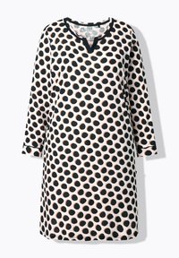 Tuniekjurk met V-hals in lichtroze met zwarte en oranje polkadots, lange mouwen en een ontspannen pasvorm. Gladde katoenstof textuur.