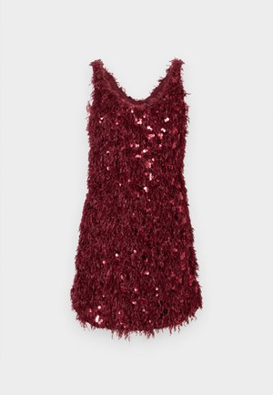 Vestido corto sin mangas en rojo oscuro con tejido texturizado y lentejuelas brillantes esparcidas por la parte delantera para un look festivo.