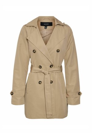Trench-coat beige à double boutonnage avec larges revers, taille ceinturée, poignets boutonnés et poches latérales, de Vero Moda.
