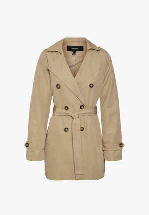 Trench-coat beige à double boutonnage avec larges revers, taille ceinturée, poignets boutonnés et poches latérales, de Vero Moda.