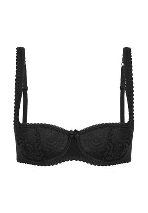 Czarny koronkowy biustonosz z fiszbinami, kwiatowym wzorem, falistymi brzegami oraz dwoma małymi kokardkami na środku, wyposażony w regulowane ramiączka wykończone koronką.