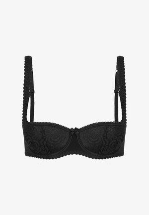 Czarny koronkowy biustonosz z fiszbinami, kwiatowym wzorem, falistymi brzegami oraz dwoma małymi kokardkami na środku, wyposażony w regulowane ramiączka wykończone koronką.