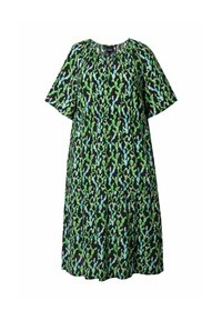 Grünes und blaues Kaktusdruck-Kleid mit kurzen Ärmeln, gerafftem Halsausschnitt und gestuftem Design auf schwarzem Hintergrund.