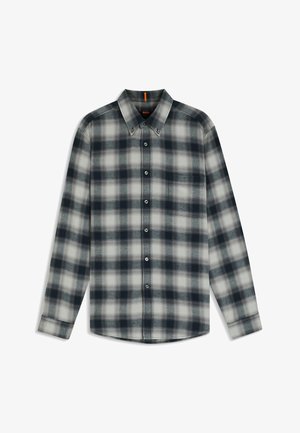 Rutig skjorta med lång ärm i marinblått, grått och vitt. Tillverkad av mjukt tyg, med knapp-och-krage, framficka och kontrasterande knappar.