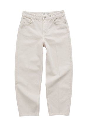 Beige denim broek met een rechte snit, vijf zakken, metalen knoop en klinknagels, en een subtiele structuur.