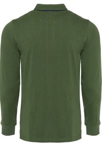Langærmet polo skjorte i olivengrøn bomuld. Har en krave og en lige pasform med manchetter. Glat tekstur, enkelt design.
