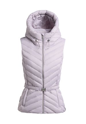 Veste matelassée sans manches de couleur violet clair avec col haut rembourré, fermeture éclair à l'avant, ceinture ajustable et poches latérales.