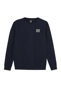 Marinblå sweatshirt i mjukt tyg, med långa ärmar, rundad halsringning och en fyrkantig grå logopatch på bröstet.