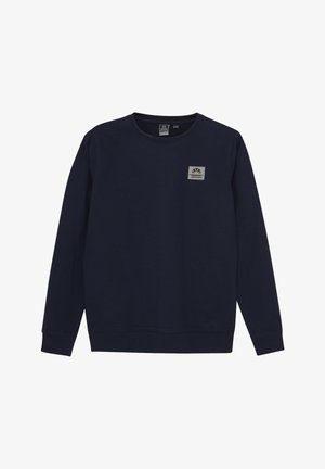Marineblauwe sweatshirt van zacht materiaal, met lange mouwen, een ronde halslijn en een vierkante grijze logopatch op de borst.