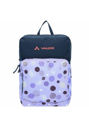 Sac à dos avec un dessus bleu foncé et un devant lavande, présentant des motifs circulaires en violet, blanc et marron. Comprend une poignée supérieure et une fermeture éclair.