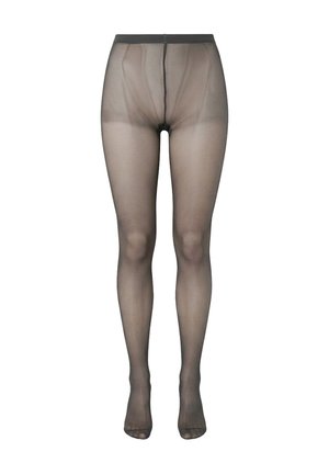 Collants noirs transparents présentés sur un mannequin avec des détails définis au niveau des orteils et de la ceinture, sur fond blanc.