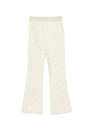 Weiße Kinderhose mit pinken Punkten und einem breiten silbernen Glitzer-Elastikbund, gerade geschnittene Beine.