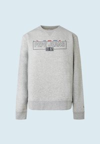 Sudadera gris con mangas largas, puños y dobladillo acanalados. Presenta el logo "PEPE JEANS EST. 1973" en azul marino con detalles en rojo y azul.