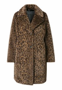 Leopardprint frakke lavet af blødt kunstlæder, med klapkrave, tre knaplukning og lange ærmer med en afslappet pasform.