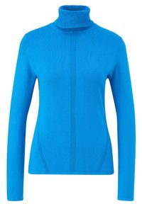 Niebieski sweter z golfem, z długimi rękawami, dopasowany krój, prążkowana tekstura przy kołnierzu, pionowe detale szwów z przodu.