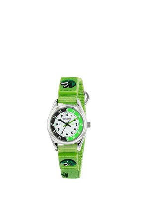 Montre analogique pour enfants avec bracelet en tissu vert à thème dinosaure et cadran clair, étiqueté, pour apprendre à lire l'heure.