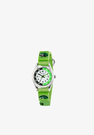 Montre analogique pour enfants avec bracelet en tissu vert à thème dinosaure et cadran clair, étiqueté, pour apprendre à lire l'heure.